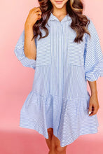 Load image into Gallery viewer, Blue Stripe Bubble Sleeve Chest Pockets Buttoned Shirt Dress
