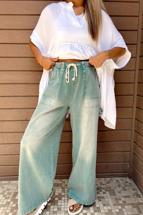 Smoke Mineral Wash Drawstring High Waist Wide Leg Jeans