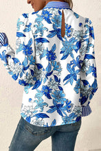 Load image into Gallery viewer, Blue Floral Print Striped Patchwork Long Flounce Sleeve Ricrac Trim V Neck Blouse

