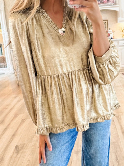 Metallic Frilled V Neck Puff Sleeve Babydoll Blouse