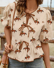 Load image into Gallery viewer, Cowboy Print Puff Sleeve Bowknot Peplum Blouse
