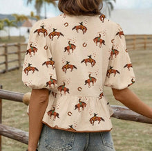 Load image into Gallery viewer, Cowboy Print Puff Sleeve Bowknot Peplum Blouse
