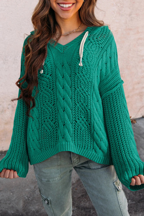 String Sweater Cable Knit V Neck Contrast Drawstring Hooded Sweater – Lovebug Boutique