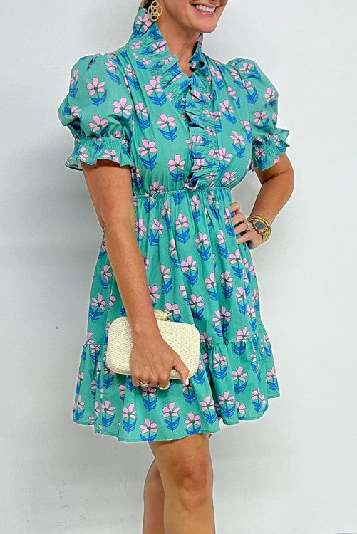 Floral Print Frilly Smocked Detail High Waist Mini Dress