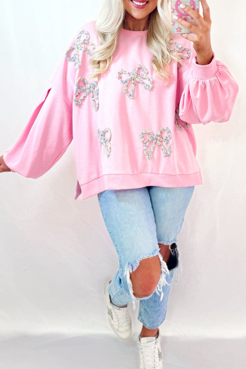 Bow Lantern Sleeve Oversized Pullover Sweatshirt