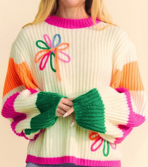 Colorblock Flower Print Cable Knit Loose Sweater