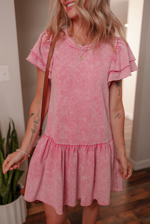 Pink Mineral Wash Raw Edge Ruffle Mini Dress