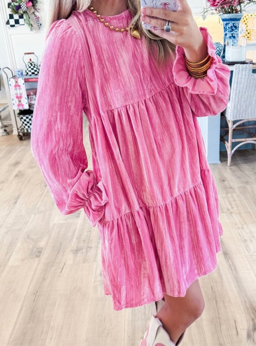 Strawberry Pink Flounce Sleeve Tiered Ruffled Velvet Mini Dress