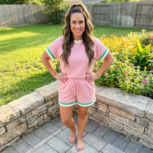 Load image into Gallery viewer, Striped Trim Casual Tee Drawstring Shorts 2pcs Set
