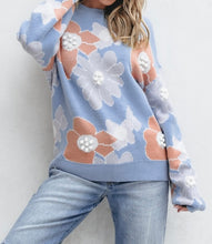 Load image into Gallery viewer, Beau Blue Floral O Neck Drop Shoulder Knitted Sweater
