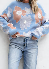 Load image into Gallery viewer, Beau Blue Floral O Neck Drop Shoulder Knitted Sweater
