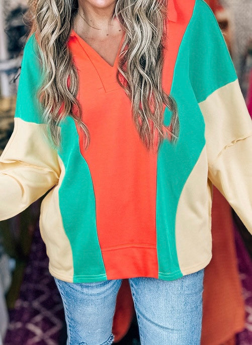 Color Block Patchwork Collared V Neck Loose Top