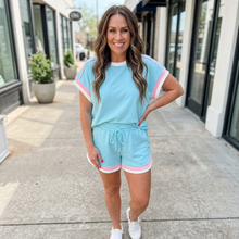 Load image into Gallery viewer, Striped Trim Casual Tee Drawstring Shorts 2pcs Set
