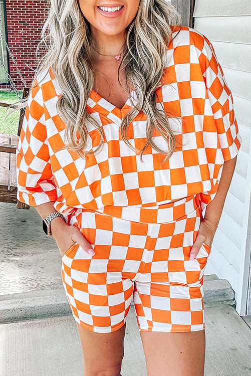 Checkerboard Print V Neck Loose Tee and Shorts Lounge Set