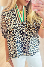 Load image into Gallery viewer, Leopard Color Block Contrast Striped V Neck Half Sleeve Loose Fit Blouse
