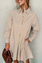 Load image into Gallery viewer, Stripe Ruffled Hem Collared Long Sleeve Shirt Mini Dress
