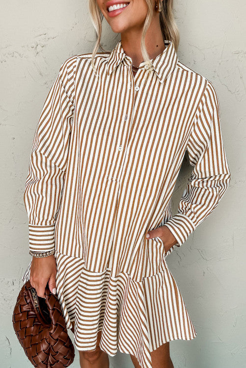 Stripe Ruffled Hem Collared Long Sleeve Shirt Mini Dress