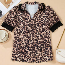 Load image into Gallery viewer, Leopard Print Button Down Lace Trim Short Sleeve Shirt

