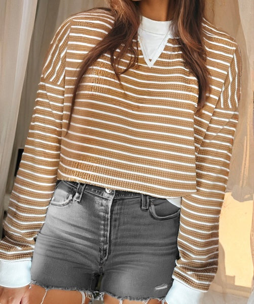 Stripe Patched Edge Textured Round Neck Long Sleeve Top