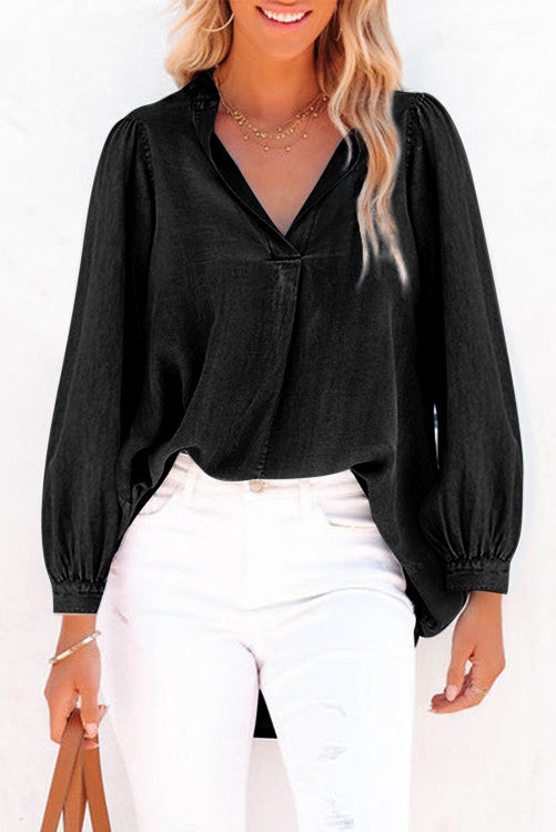 V-Neck Balloon Sleeve Ruched Denim Top