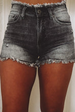 Load image into Gallery viewer, Gray Acid Wash Raw Edge Skinny Denim Shorts
