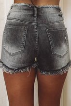 Load image into Gallery viewer, Gray Acid Wash Raw Edge Skinny Denim Shorts
