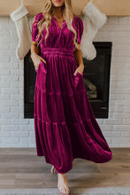 Load image into Gallery viewer, Velvet Short Sleeve Shirred Waist Tiered Maxi Dress
