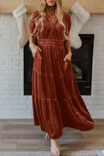 Load image into Gallery viewer, Velvet Short Sleeve Shirred Waist Tiered Maxi Dress
