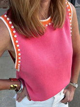 Load image into Gallery viewer, Pink Contrast Trim Pearl Detail Sweater Tank Top
