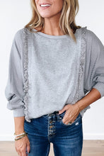 Load image into Gallery viewer, Grey Waffle Patchwork Long Sleeve Raw Hem Pullover Top
