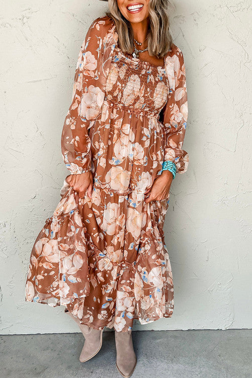 Floral Print Shirred Square Neck High Waist Maxi Dress