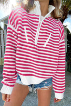 Load image into Gallery viewer, Stripe Zip up Collar Drop Shoulder Sweater
