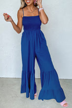 Load image into Gallery viewer, Blue Spaghetti Straps Smocked Ruffled Wide Leg Jumpsuit
