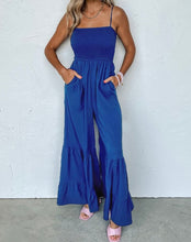 Load image into Gallery viewer, Blue Spaghetti Straps Smocked Ruffled Wide Leg Jumpsuit
