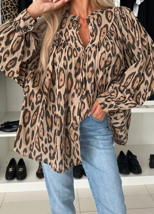 Oversized Leopard Print Balloon Sleeve Casual Shirt