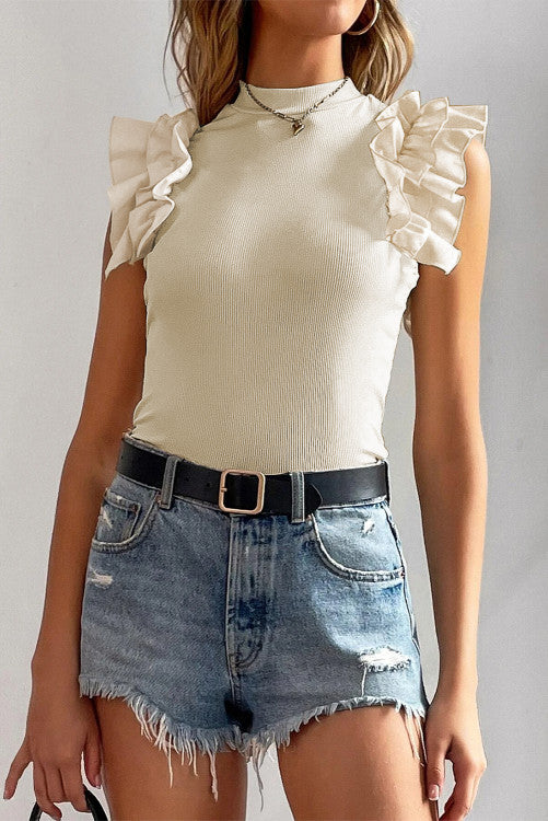 Ruffle Flutter Sleeve High Neck Ribbed Blouse