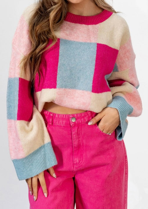 Color Block Drop Shoulder Crewneck Loose Fit Sweater