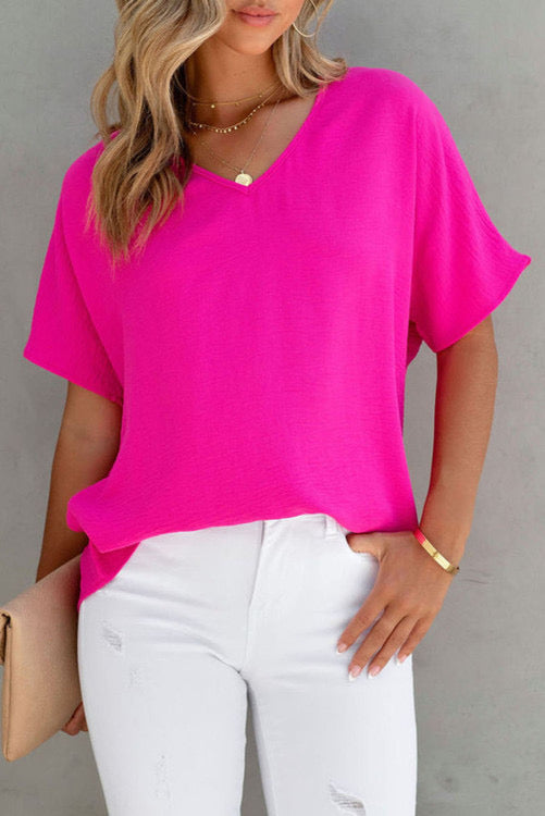 Solid V Neck Short Sleeve Blouse