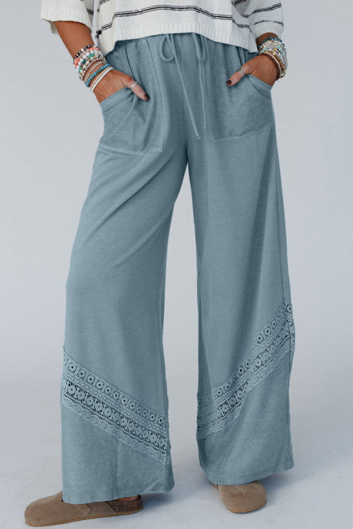 Dusty Blue Lace Patched High Waist Wide Leg Pants