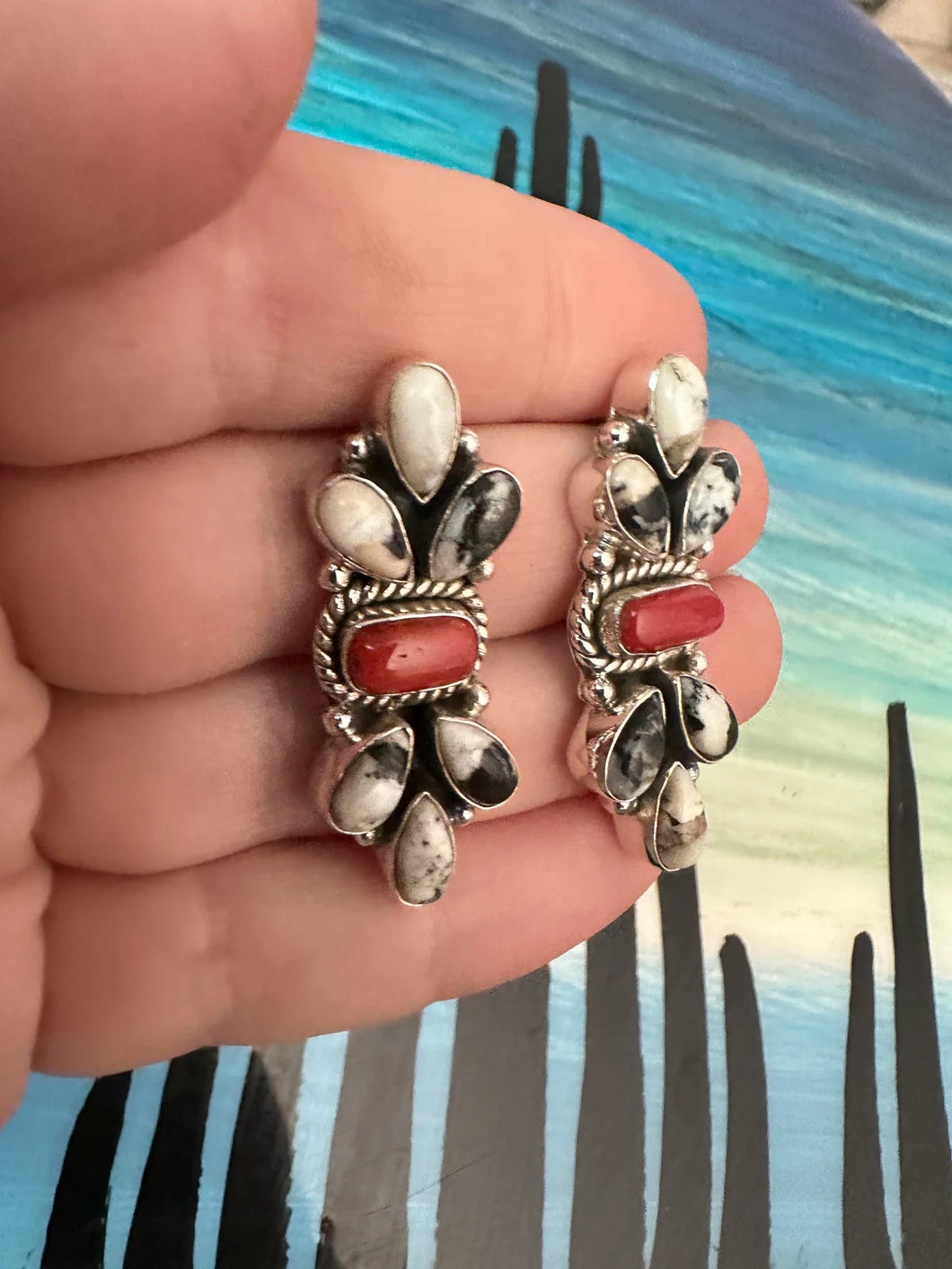 White Buffalo & coral cluster earrings