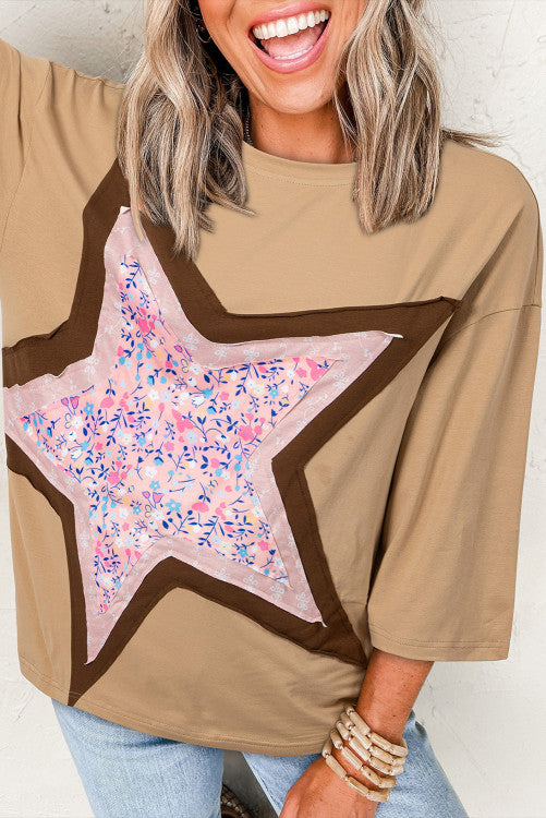 Floral Star Patchwork 3/4 Long Sleeve Top