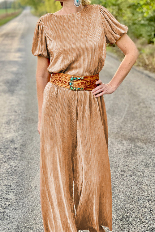 Pleated Bubble Sleeve Top and Wide Leg Pants Set