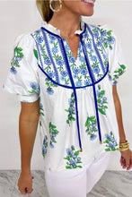 Load image into Gallery viewer, Floral Print Piping Trim Tie Neck Short Sleeve Blouse
