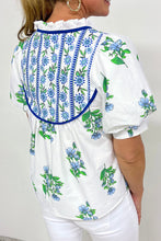 Load image into Gallery viewer, Floral Print Piping Trim Tie Neck Short Sleeve Blouse
