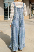 Load image into Gallery viewer, Striped Distressed Ruffled Wide Leg Denim Overalls
