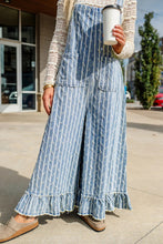 Load image into Gallery viewer, Striped Distressed Ruffled Wide Leg Denim Overalls
