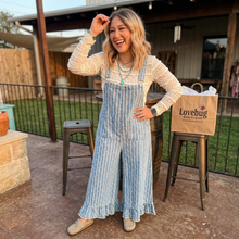 Load image into Gallery viewer, Striped Distressed Ruffled Wide Leg Denim Overalls
