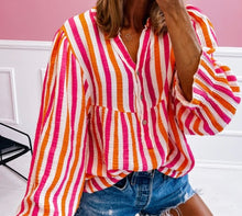 Load image into Gallery viewer, Stripe Balloon Sleeve Notched V Neck Buttoned Front Blouse
