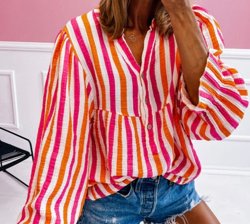 Stripe Balloon Sleeve Notched V Neck Buttoned Front Blouse