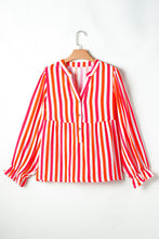 Load image into Gallery viewer, Stripe Balloon Sleeve Notched V Neck Buttoned Front Blouse
